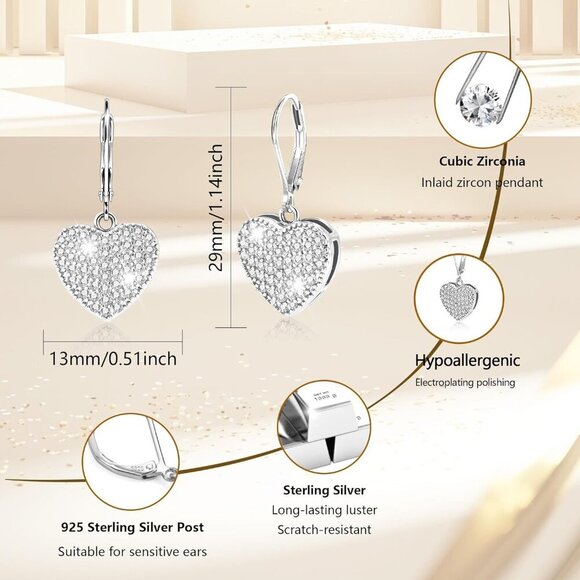 925 Sterling Silver Heart Waterdrop Leverback Hypoallergenic Earring for Women - Picture 3 of 8